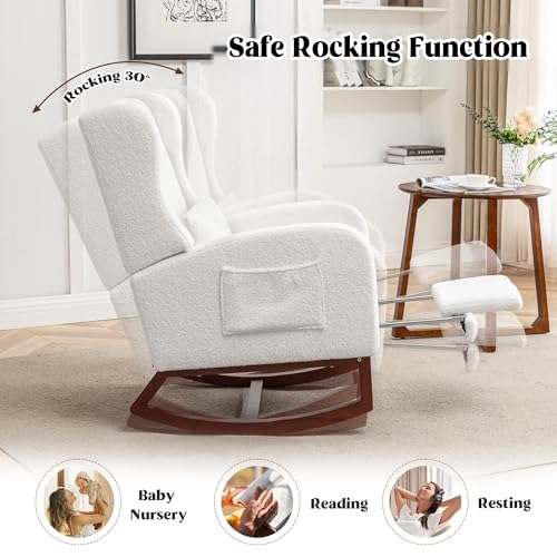 Sherpa Nursery Rocking Chair with Retractable Footrest and Lumbar Pillow