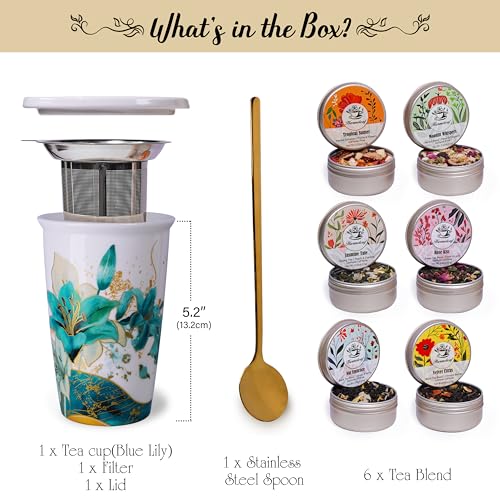 Harmoleaf Blue Lily Tea Gift Set with Insulated Ceramic Mug & Spoons