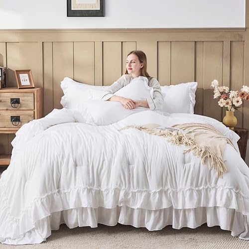 White Ruffle Queen Comforter Set - 3 Piece All-Season Bedding Set