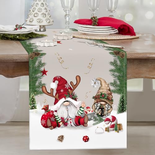 Bonhause Christmas Gnomes Table Runner 13x72 Inch with Pine Branches – Seasonal Holiday Kitchen Decor