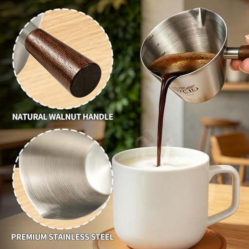 Silver 4Oz Stainless Steel Espresso Shot Cups with Measurement & Walnut Handle