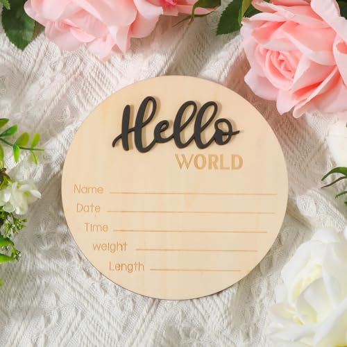 Hello World Newborn Birth Announcement Sign - 5.9 Inch Wooden Keepsake