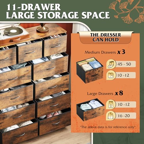 Tall Fabric Dresser with 11 Drawers and Wood Top, Rustic Brown Storage Chest