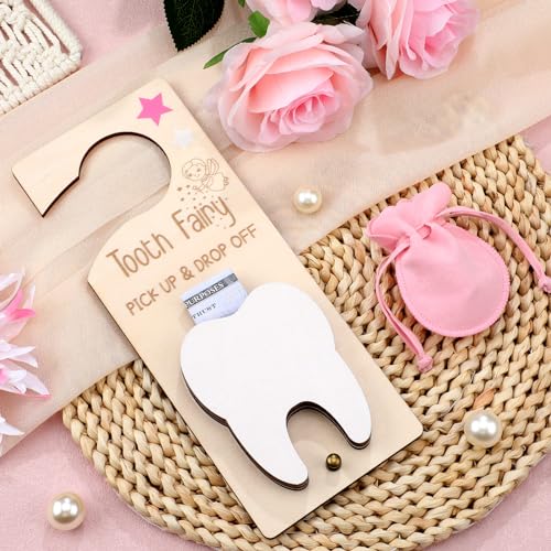 Wooden Tooth Fairy Door Hanger Kit with Keepsake Pouch and Bottle