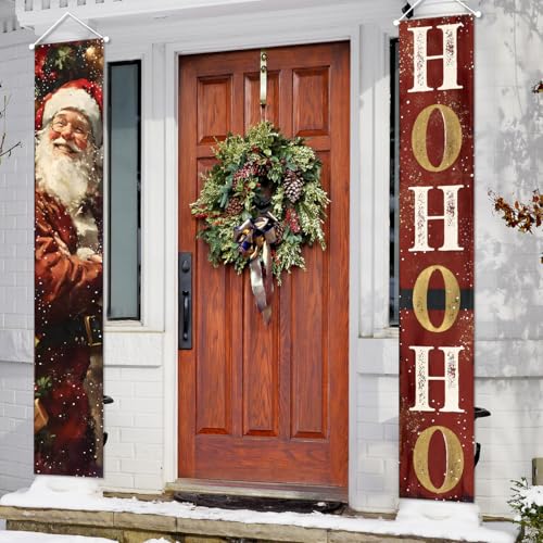 Christmas Door Banner with Santa & 'Ho Ho Ho' - 2 Pack Holiday Porch Decorations