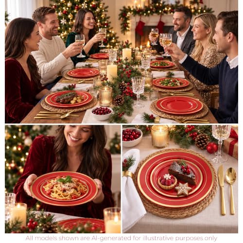 Red Plastic Dinner & Dessert Plates Set 100PCS with Gold Rim - Party Supplies