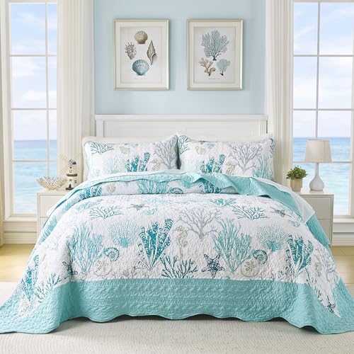 Qucover Oversized California King Coastal Quilt Set - 118"x106" Bedspread