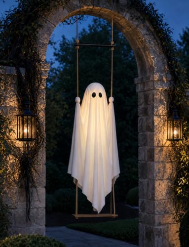 Joyehome 3.7FT Hanging Swing Ghost Outdoor Halloween Decoration with Waterproof Remote Lights