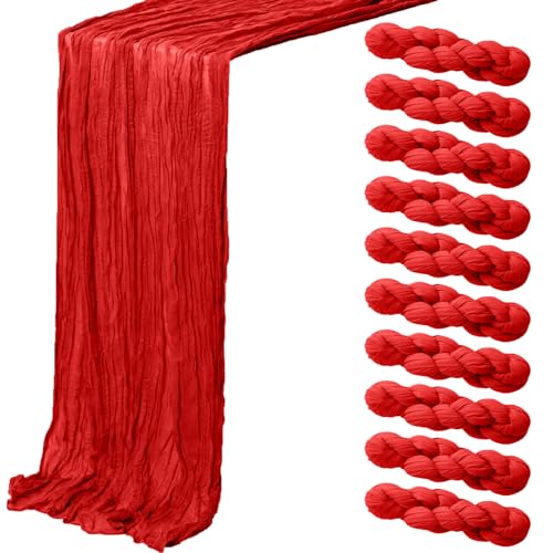 10Pack Red Cheesecloth Table Runner 10ft - Boho Rustic Sheer Decor