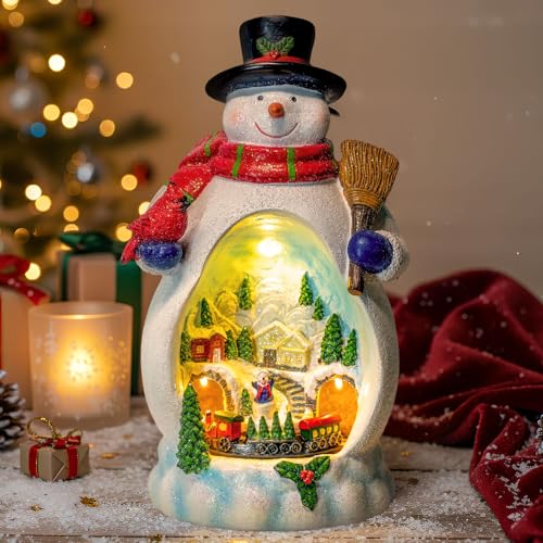 ZQQLITE Snowman Christmas Village Figurines with Rotating Train & Music - Lighted Holiday Decor