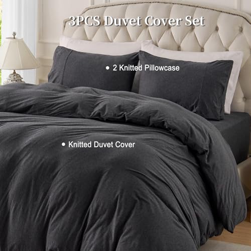 100% Cotton Jersey Knit Queen Duvet Cover Set - Heather Charcoal Grey