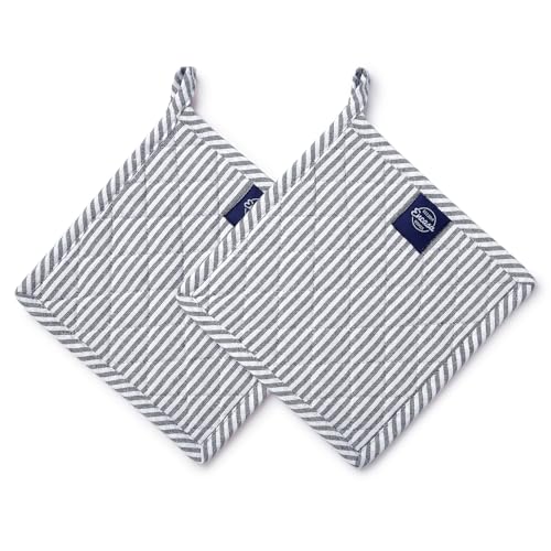 Encasa XO Ticking Navy Blue 8x8 Quilted Pot Holders - Set of 2
