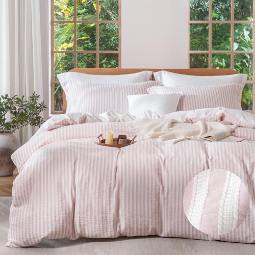 Pink Boho Jacquard Striped Queen Duvet Cover Set - 100% Washed Cotton, 3 Piece