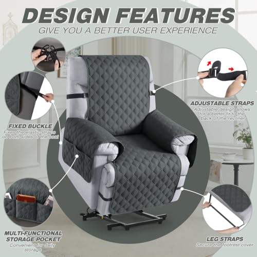 Waterproof Recliner Chair Cover, 22" Reversible Protector with Pockets