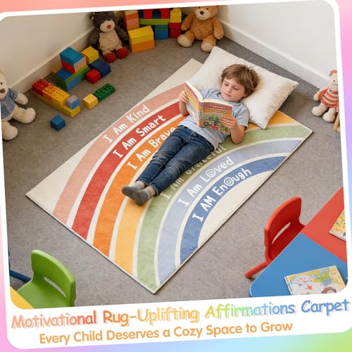 Boho Rainbow Classroom Rug, 3'x5' Motivational Area Rug for Kids Playroom