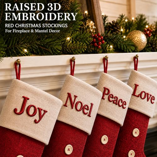 ElegantPark 6 Pack Large Red Christmas Stockings Burlap Embroidered, 22in Set
