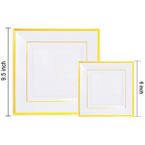 Liacere 100PCS White and Gold Square Plastic Plates-50PCS Heavy Duty 9.5inch White Dinner Plates and 50PCS 6inch White Dessert Plates - Gold Plastic Plates for Party & Christmas & New Year
