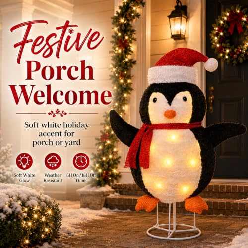 DTNESS 30in Pop-Up Christmas Penguin Decor with 45 Pre-lit LEDs & Timer - Outdoor Holiday Yard Display (Penguin Variant)
