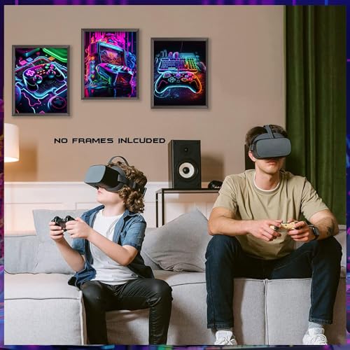 Neon Gaming Canvas Wall Art Posters Set of 3 for Boys Bedroom 12x16 Inch