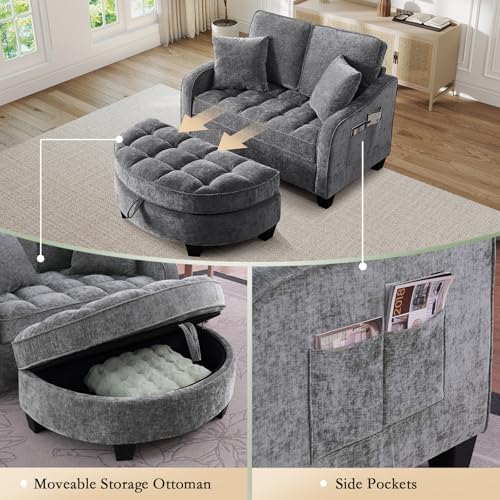 Oversized Chenille Chaise Lounge Chair with Storage Ottoman & Sleeper Bed
