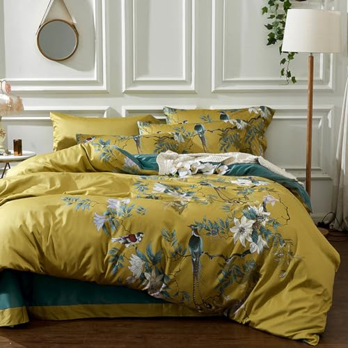 Floral & Birds Cotton Duvet Cover Set - Reversible Peacock Blue, Queen