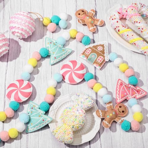 Gingerbread Felt Ball Garland 8.2 ft Candy-Colored Christmas Banner with Pom Poms