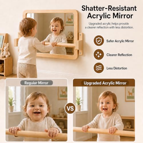 Montessori Baby Mirror with Pull Up Bar, Solid Wood Wall-Mounted Trainer