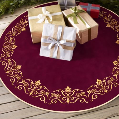 Scritism Burgundy 60 Inch Velvet Christmas Tree Skirt with Damask Baroque Embroidery