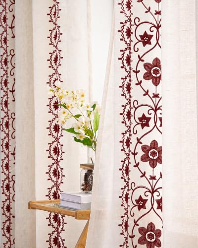 Chorowl Burgundy on Beige Linen Curtains 2 Panels 52"W x 63"L Grommet