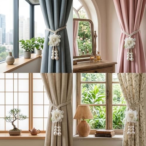 Adjustable Hand-Woven Curtain Tiebacks with Silk Flower and Pearl (Set of 4)