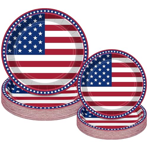 Patriotic 48-Pack 7in & 9in Red White Blue Paper Plates – 24 Dinner + 24 Dessert