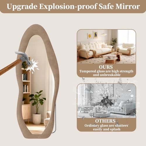 Irregular Full Length Floor Mirror, 63" x 24" Velvet Wavy Standing Mirror