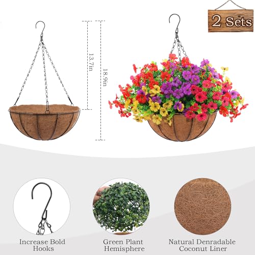 Artificial Outdoor Flowers with Hanging Baskets - Set of 2 UV Resistant Plants