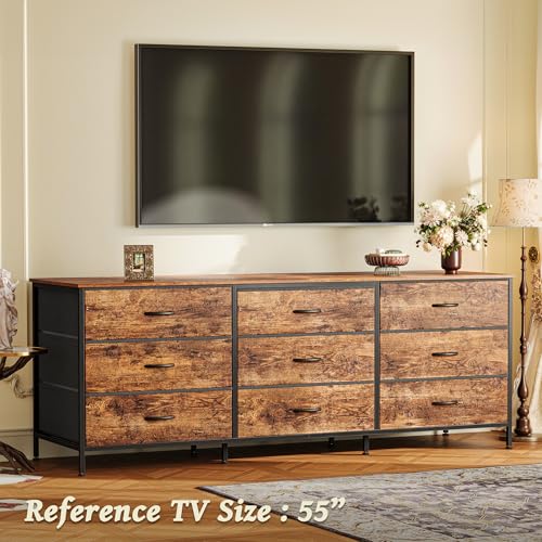 63-Inch Wide Dresser with 9 Fabric Drawers, Rustic TV Stand for Bedroom