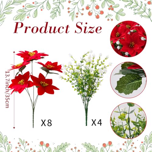 ZYZEV 14'' Artificial Poinsettias and Eucalyptus 12 Bunches Red - UV-Resistant Outdoor