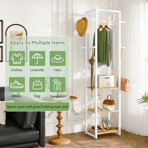 Industrial Freestanding Hall Tree with 3 Shelves and 8 Coat Hooks