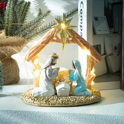 Lighted Nativity Scene Set, Hand-Painted Christmas Manger Figurine Display