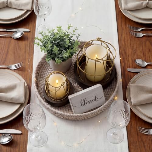 Modern Rustic Farmhouse Lantern Decor Set of 5 - Small, Gold & Burlywood, Includes Wooden Bases and Faux Eucalyptus