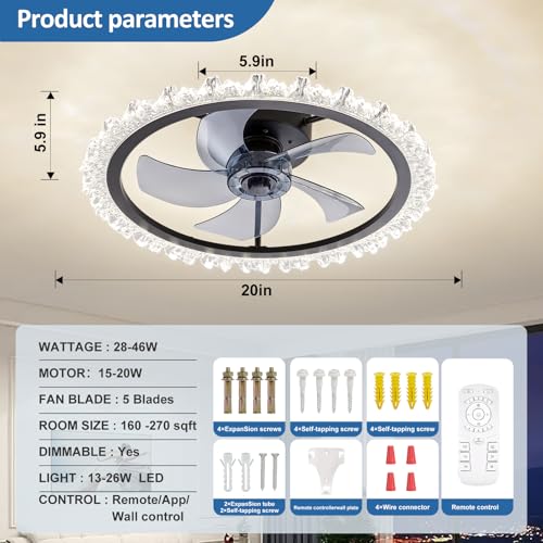 FTZVRD Ceiling Fans with Lights, 20 Inch Ceiling Fan with Light and Remote, Low Profile Reversible Black Fandelier Ceiling Fan, Dimmable LED, Flush Mount, DC Motor, for Bedroom, Kitchen, Office