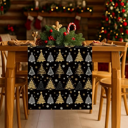 GPGHE 13'' x 120'' Christmas Table Runner Black & Gold, 13x120 Inch Holiday Decor
