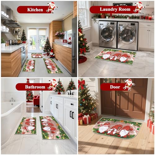 Christmas Gnomes Kitchen Rugs Set of 3 - 18x30, 18x30DShape, 20x40 Runner, Non Slip
