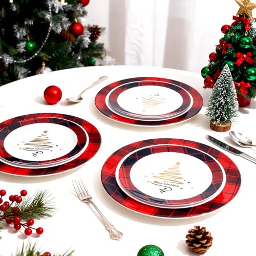 Vesici Black and Red 50 Pack Christmas Disposable Plates Buffalo Plaid 7.5 & 10.25 Inch