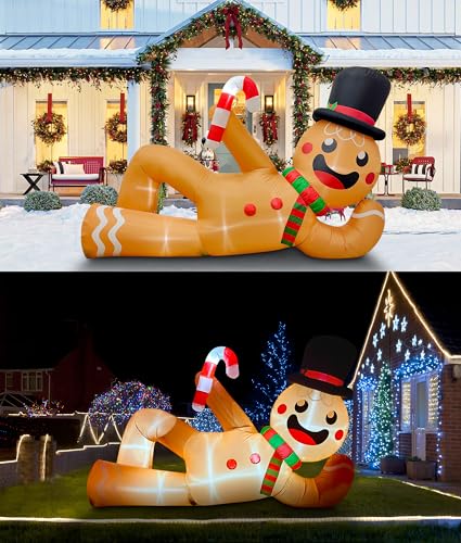 EAONE 10 FT Inflatable Gingerbread Man Lying Flat Christmas Yard Decoration with LED Lights