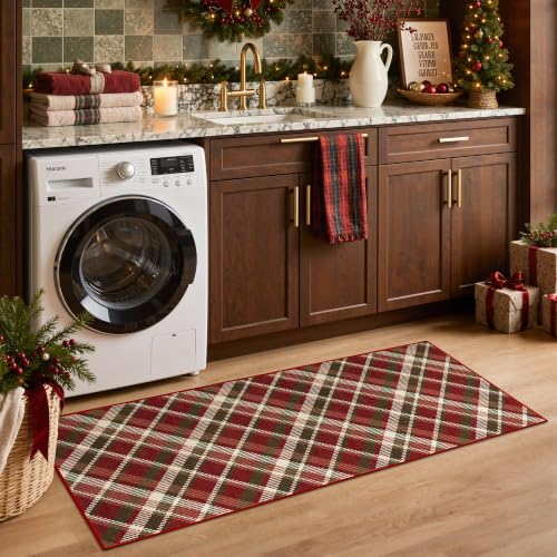 GENIMO Christmas Kitchen Rugs Set of 2, 20x32 + 20x48, Non-Slip, Red Beige