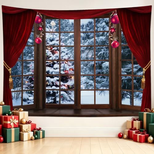 LB Winter Forest Tapestry Red 60W x 40H Inches – Christmas Pine Tree Curtain Window Wall Hanging