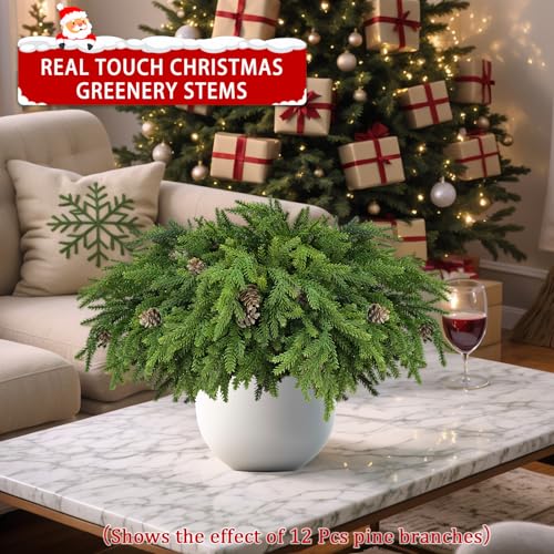 RHTRJ 6 Pcs Christmas Greenery Stems with Pinecones, Realistic Artificial Pine Branches for Wreaths, Garlands & Vase Decor