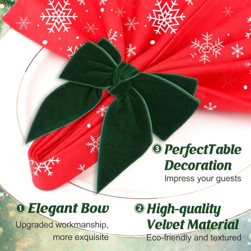 ANPHSIN Green Velvet Bow Christmas Napkin Rings Set of 6 Holiday Table Decorations