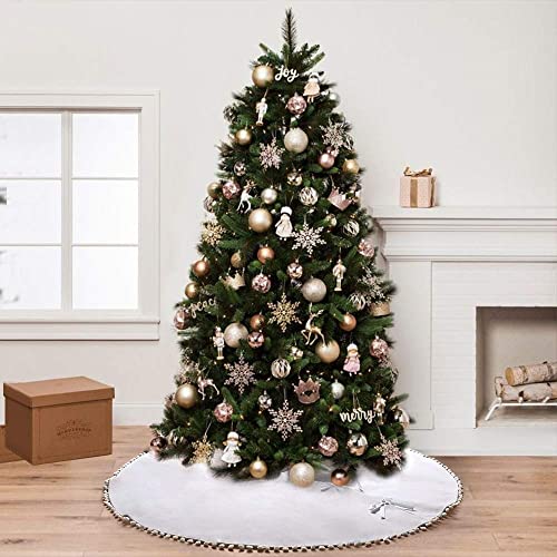 SevenFish 48-Inch White Rustic Christmas Tree Skirt with Pom Poms