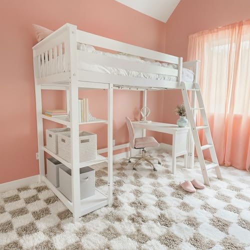 Twin High Loft Bed with Desk and Bookcase - Solid Pine Wood, White