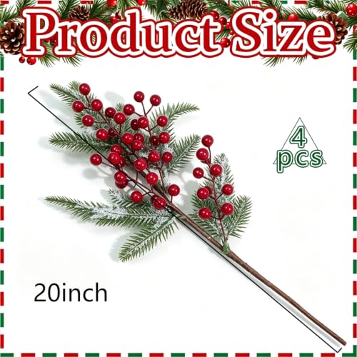 COTOSEY Style-a 4 Pack 20 Inch Artificial Christmas Red Berry Picks with Snow Effect